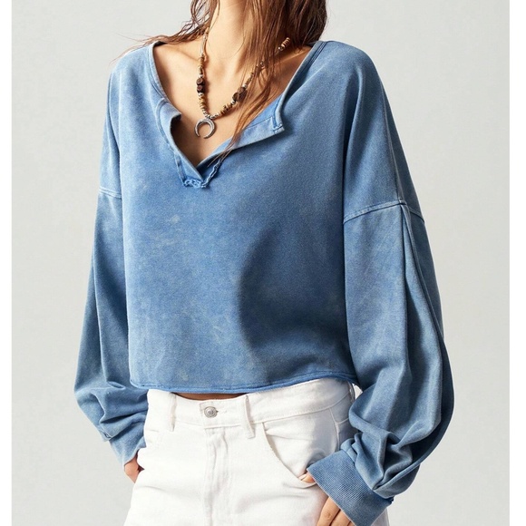 Mineral Wash Notched neck Loose Fit SweatShirt top - Picture 1 of 6